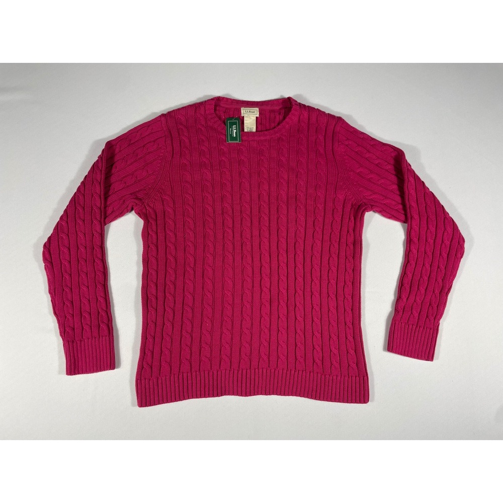 LL Bean Double L Mixed Cable Crewneck Sweater Raspberry Pink Cotton Large NWT